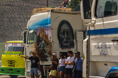 TORROX, SPAIN - JULY 22, 2018 show of tractor units for visitors, powerful machines gathered in a square in an Andalusian townのeditorial素材