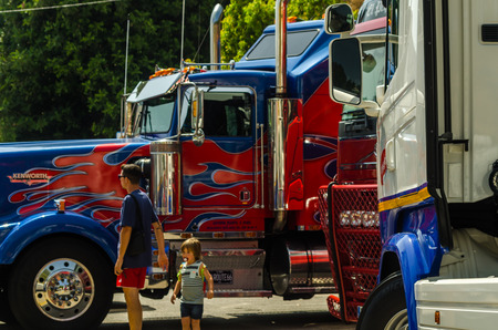 TORROX, SPAIN - JULY 22, 2018 show of tractor units for visitors, powerful machines gathered in a square in an Andalusian townのeditorial素材