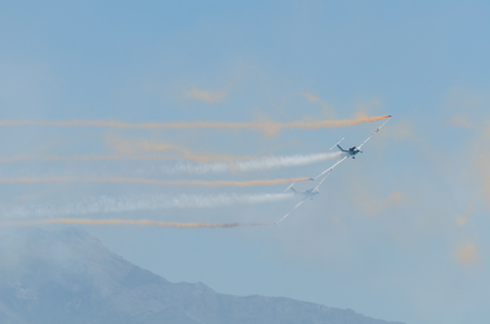TORRE DEL MAR, SPAIN - JULY 29, 2018 planes flying over the beach in a seaside town, aerobatics airshow in Andalusiaのeditorial素材