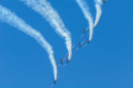 TORRE DEL MAR, SPAIN - JULY 29, 2018 planes flying over the beach in a seaside town, aerobatics airshow in Andalusiaのeditorial素材