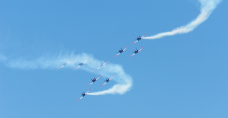 TORRE DEL MAR, SPAIN - JULY 29, 2018 planes flying over the beach in a seaside town, aerobatics airshow in Andalusiaのeditorial素材