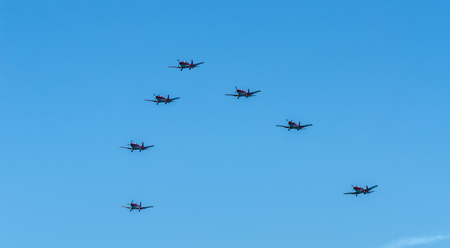 TORRE DEL MAR, SPAIN - JULY 29, 2018 planes flying over the beach in a seaside town, aerobatics airshow in Andalusiaのeditorial素材