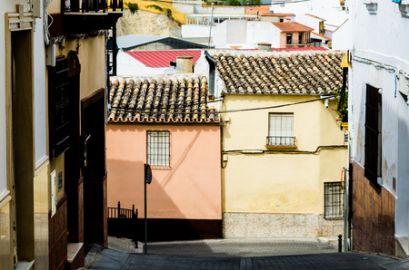 BAENA, SPAIN - SEPTEMBER 12, 2018 Empty Spanish streets in a small town next to Cordoba, the characteristic architecture of old Andalusiaのeditorial素材