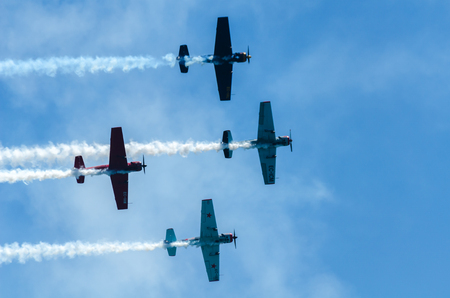 TORRE DEL MAR, SPAIN - JULY 29, 2018 planes flying over the beach in a seaside town, aerobatics airshow in Andalusiaのeditorial素材