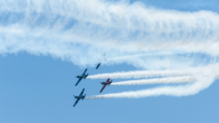TORRE DEL MAR, SPAIN - JULY 29, 2018 planes flying over the beach in a seaside town, aerobatics airshow in Andalusiaのeditorial素材