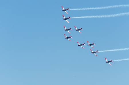 TORRE DEL MAR, SPAIN - JULY 29, 2018 planes flying over the beach in a seaside town, aerobatics airshow in Andalusiaのeditorial素材