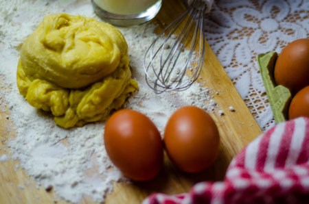 Prepared dough and ingredients for the shortcrust pastry before putting in the baking mold, home...