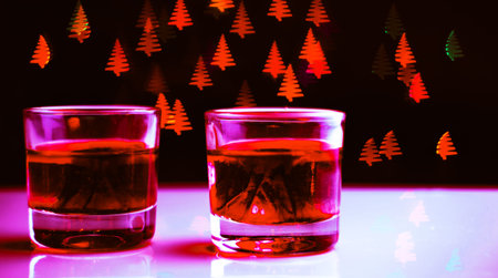 Drink shot in a shot glass on a Christmas tree-shaped bokeh background, Christmas decoration on the...