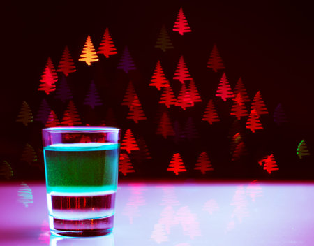 Drink shot in a shot glass on a Christmas tree-shaped bokeh background, Christmas decoration on the...