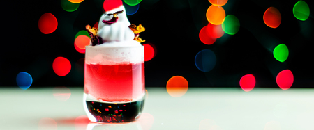 Christmas drink shot in a shot glass on a bokeh background, Christmas decoration on the bar, xmas partyの写真素材