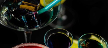 Tasty and colorful drinks based on various alcohols, syrups and liqueurs, unique effect of the...