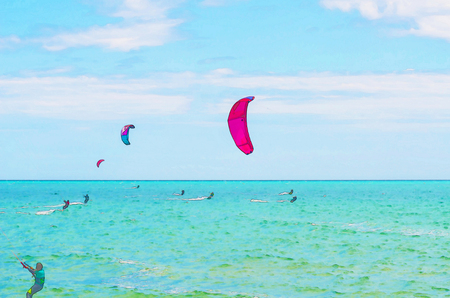 Kitesurfing on the waves of the sea in Spain, watercolor painted, active sportの写真素材