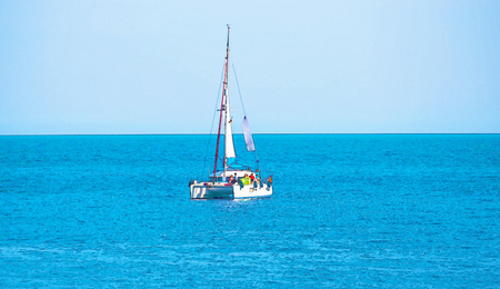 sailing boat flowing on the open sea, watercolor painted, illustrationの写真素材