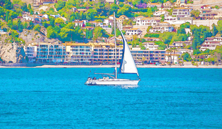 sailing boat flowing on the open sea, watercolor painted, illustrationの写真素材