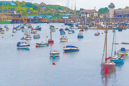 watercolor painting depicting anchored yachts and boats in a small bay, illustration