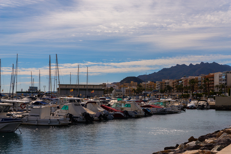 GARRUCHA, SPAIN - JANUARY 23, 2019   A beautiful marina with luxury yachts and motor boats in the tourist seaside town of Garruchaのeditorial素材