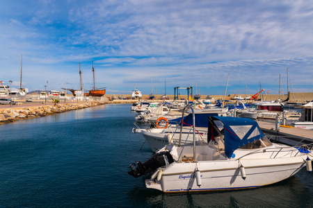 GARRUCHA, SPAIN - JANUARY 23, 2019   A beautiful marina with luxury yachts and motor boats in the tourist seaside town of Garruchaのeditorial素材