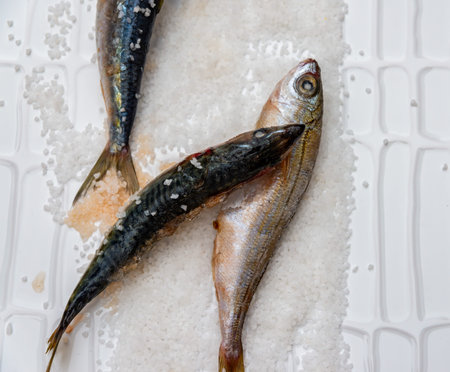 Whole raw organic mackerel fish with sea salt lying on a flat surface, healthy food