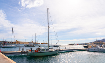 GARRUCHA, SPAIN - JANUARY 23, 2019   A beautiful marina with luxury yachts and motor boats in the tourist seaside town of Garruchaのeditorial素材