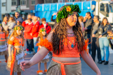 CARTAGENA, SPAIN - MARCH 2, 2019 A colorful carnival parade organized by the inhabitants of a famous town in Murcia regionのeditorial素材