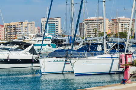 LA MANGA, SPAIN - MARCH 4, 2019   A beautiful marina with luxury yachts and motor boats in the tourist seaside town near of San Javierのeditorial素材