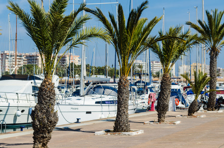 LA MANGA, SPAIN - MARCH 4, 2019   A beautiful marina with luxury yachts and motor boats in the tourist seaside town near of San Javierのeditorial素材