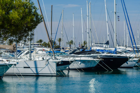 LA MANGA, SPAIN - MARCH 4, 2019   A beautiful marina with luxury yachts and motor boats in the...