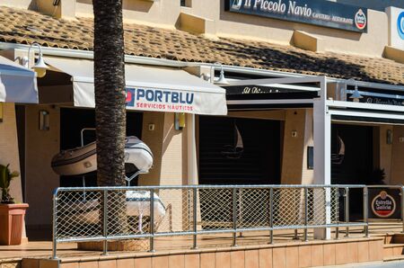 LA MANGA, SPAIN - MARCH 4, 2019  Outdoors restaurant near the beach in La Manga is a seaside spit in the Region of Murciaのeditorial素材
