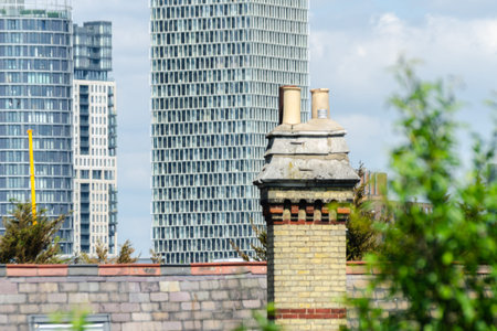 Typical English chimneys on the roofs of London buildings, an element of architectureの写真素材