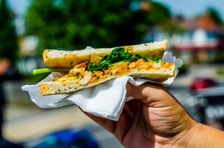 chicken breast in tikka spices, served with onion bhaji, crisp spinach and crunchy cucumber, all in sandwich, food takewayの写真素材