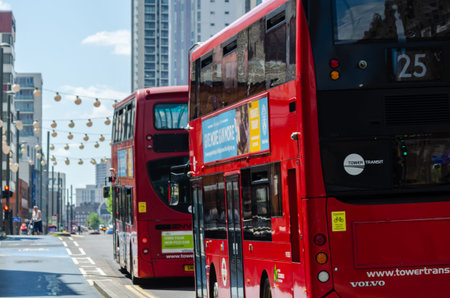 LONDON, UK - MAY 21, 2019 A typical urban transport vehicle driving through London street, the...