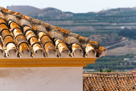 Traditional old Spanish ceramic roof tiles on a building, characteristic elements of Mediterranean architecture, vintageの写真素材