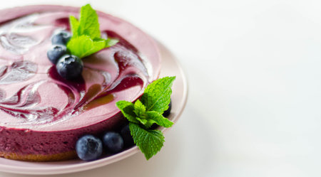 Baked vanilla and berries flavour cheesecake swirled with blueberry sauce on a digestive biscuit...