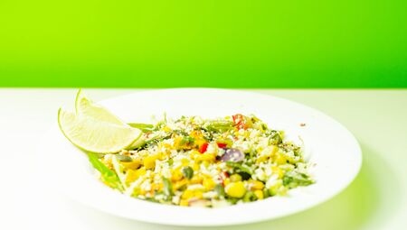 Moroccan style marinated chicken breast with vibrant vegetables and a fruity mango dressing, exotic saladの写真素材