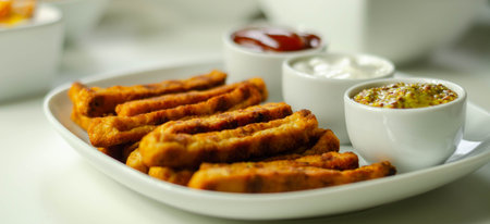 Roast chicken formed in straws, bites of succulent chicken breast with different sauces, party foodの写真素材