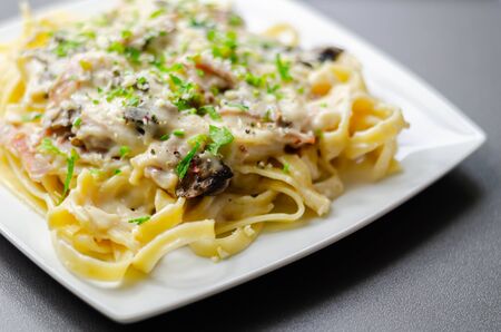 Tagliatelle pasta with smoked pulled ham hock and roasted mushrooms in a cheese sauce, italian foodの写真素材