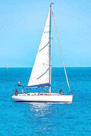 sailing boat flowing on the open sea, watercolor painted