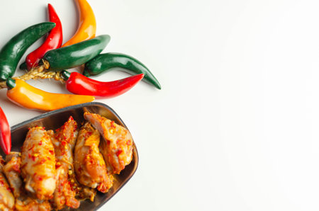 Raw and fresh chicken wings in a siriracha marinade, ready for grillingの写真素材