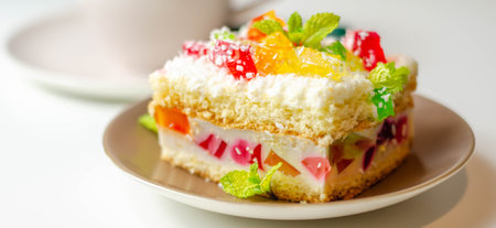 A portion of cream cake with pieces of colorful jelly and sprinkled with coconut flakes, party cakeの写真素材