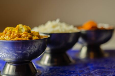 Mild chicken Korma and chicken Tikka Masala with Basmati rice, Indian foodの写真素材