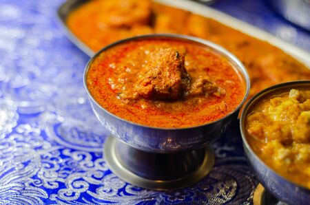 Mild chicken Korma and chicken Tikka Masala with Basmati rice, Indian foodの写真素材