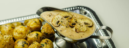 Mini jacket potatoes with mushrooms sauce on the silver tray, delicious foodの写真素材