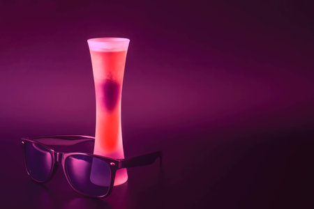 Three-color shot drink in a tall glass with black glasses on a purple background, party time