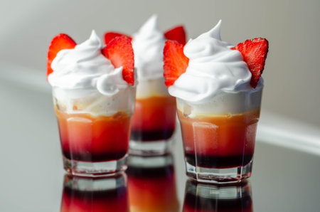 Colorful layered shots of drinks based on vodka, grenadine and orange juice decorated with whipped cream and pieces of strawberry in the shape of bunny ears, easter shotsの写真素材