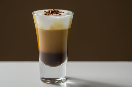 Coffee drink shot with a nutty note with fluffy milk foam, decorated with chocolate shavings, sweet drinkの写真素材