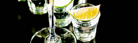 Traditional served drink shots in the shot glass with tequila and lime, mexican drinkの写真素材