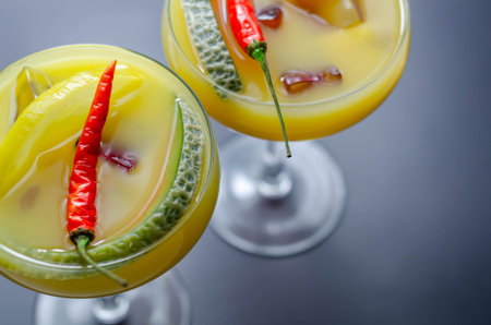 A holiday cocktail based on vodka, liqueur, fresh melon and red bird eye chilli, a refreshing drink prepared by a bartender, summertimeの写真素材