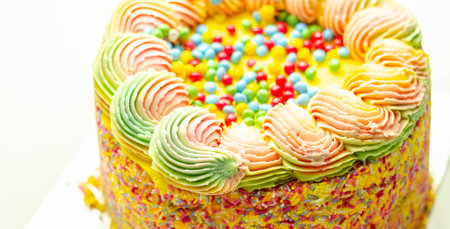 Madeira sponge coated with yellow colour frosting, layered with plum and raspberry jam, filled and...