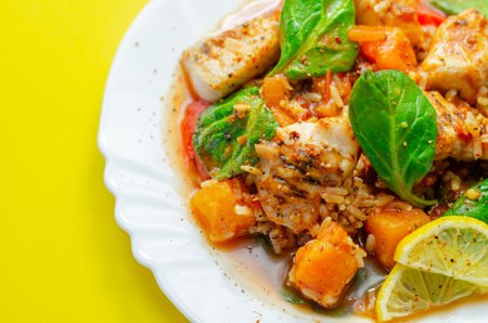 Chicken Jambalaya, cooked chicken breast pieces, in a spiced tomato sauce with chorizo, wholegrain...