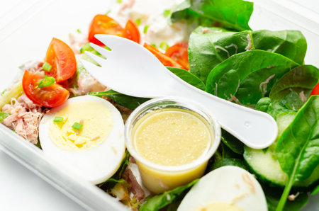 Healthy salad in the plastic food box, potato salad with hard boiled egg, shredded ham, cucumber,...